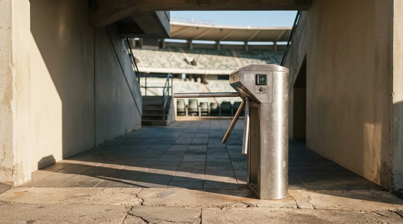Metalowa bramka obrotowa przy pustym wejściu na stadion w świetle dziennym, pręty łapią blask słońca.
