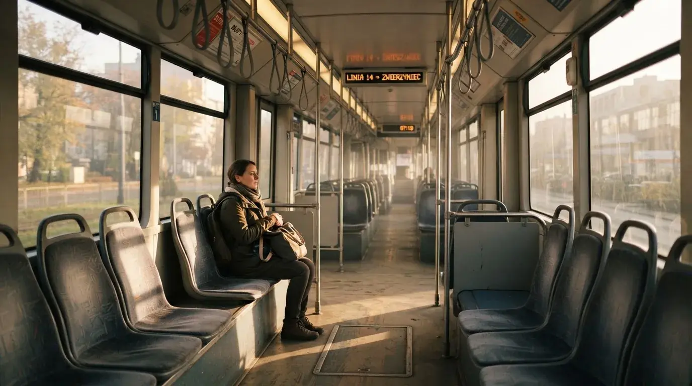 Wnętrze pustego tramwaju z rzędami siedzeń i poręczą w porannym świetle.