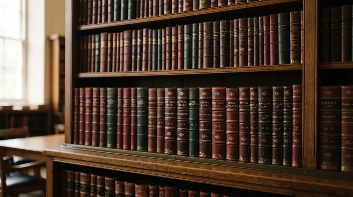 Regał z zamkniętymi książkami w skórzanych oprawach w cichej bibliotece, światło pada z boku.