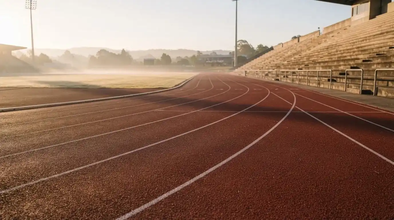 Bieżnia lekkoatletyczna wygięta w łuk pustego stadionu w porannym słońcu.