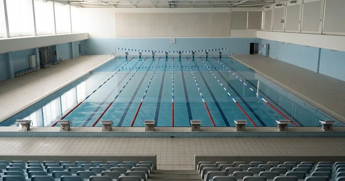 Pusty basen olimpijski z równymi torami i spokojną taflą wody, widok z trybun w jasnym świetle.
