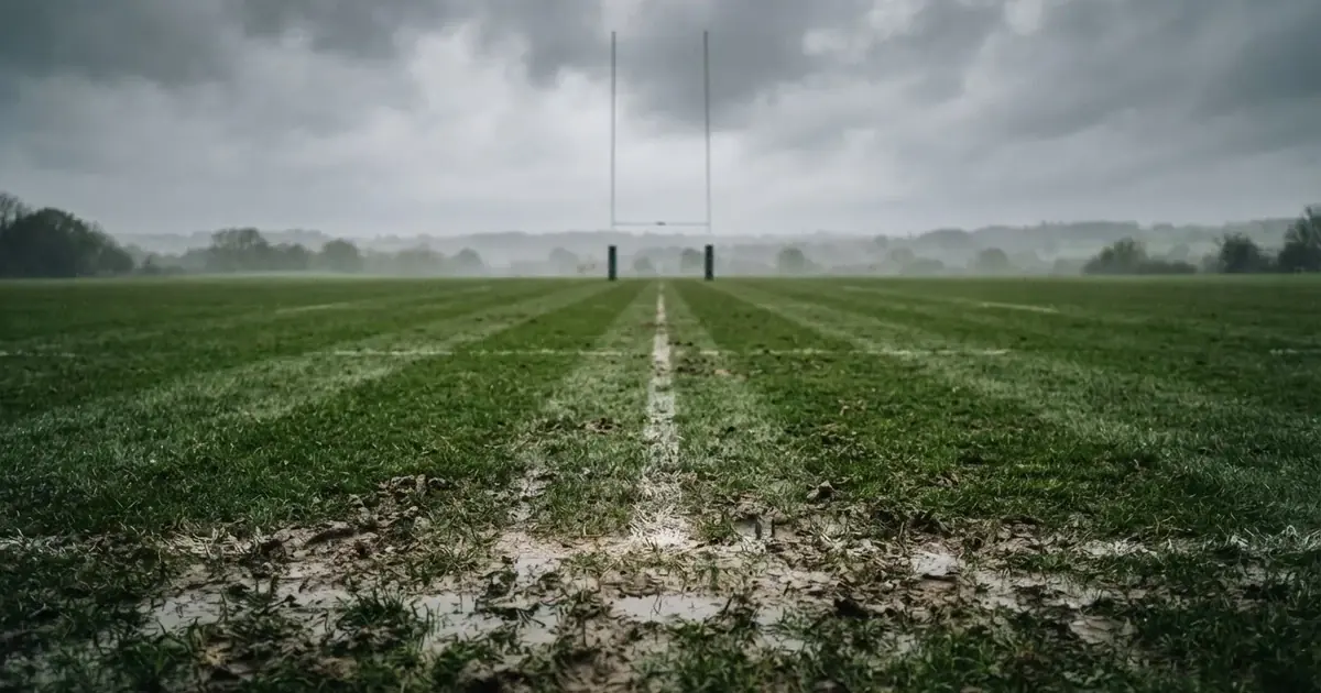 Boisko do rugby ze słupami bramki w oddali pod pochmurnym niebem, mokra trawa i ślady butów.