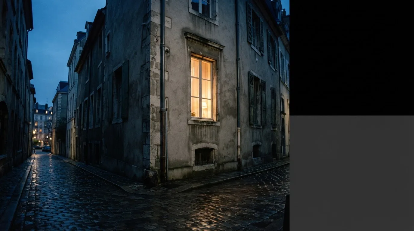 Szare okno kamienicy wieczorem, w którym pali się lampa, pod nim mokry bruk uliczki.