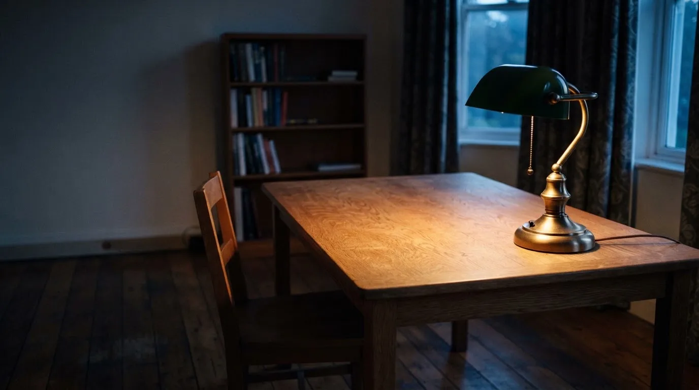 Lampa biurkowa świecąca na pustym drewnianym biurku w cichym gabinecie wieczorem, obok puste krzesło.