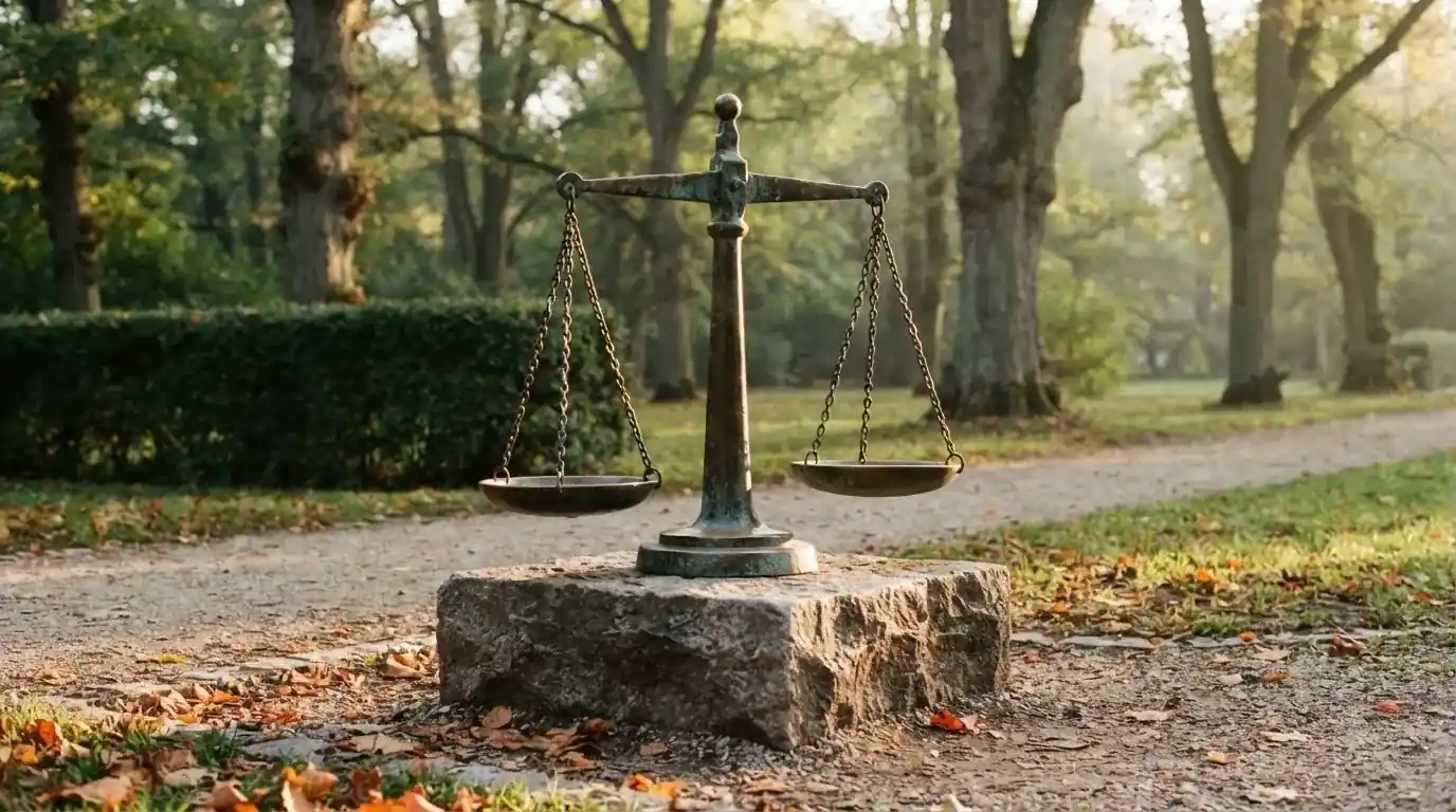 Rzeźba w brązie przedstawiająca wagę szalkową na kamiennym cokole w parku, poranne światło.
